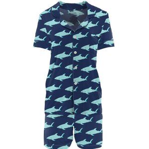 Women's Print Short Sleeve Collared Pajama Set with Shorts in Flag Blue Sharky